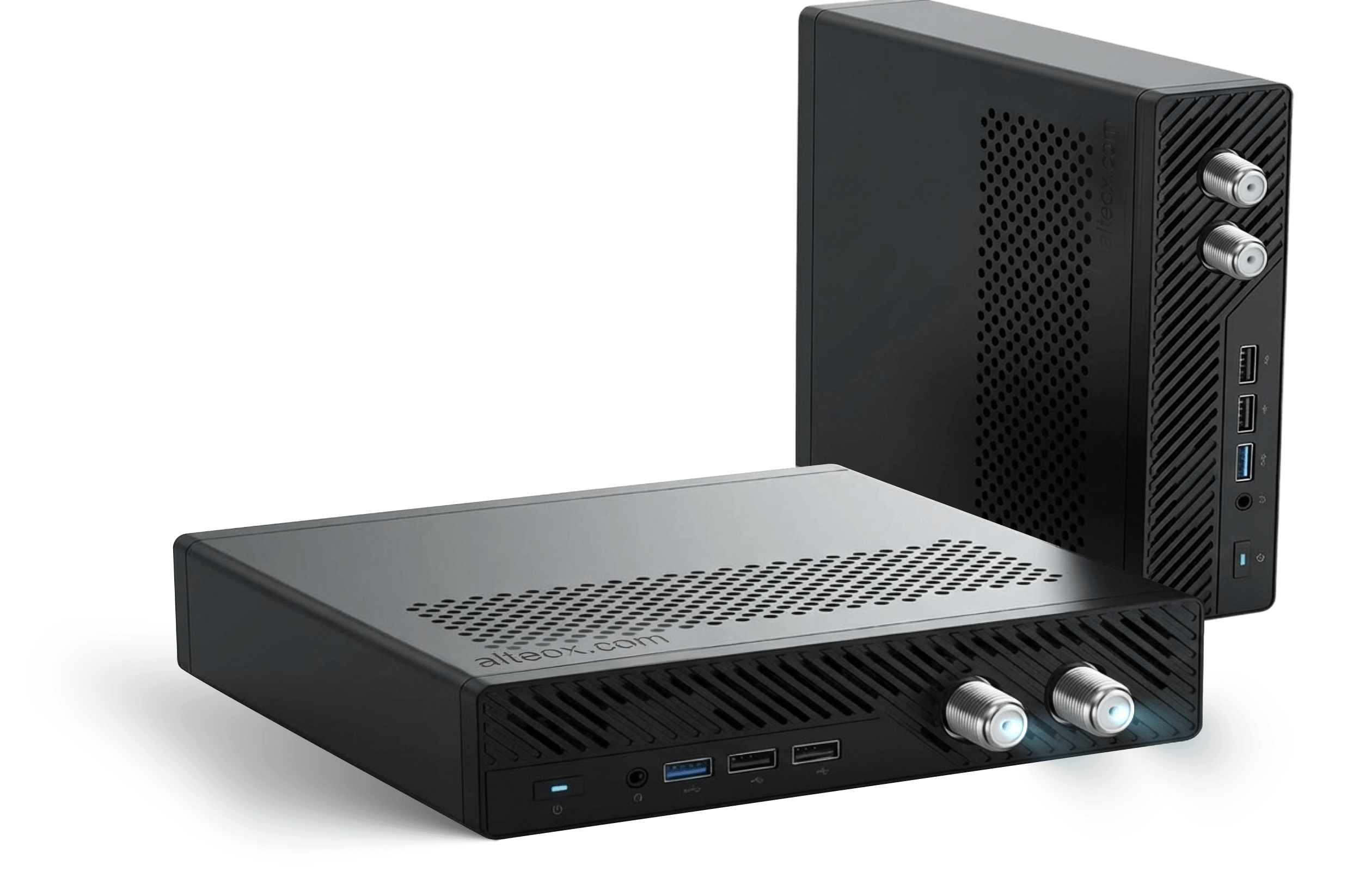 Cable TV / IPTV Pro Box with RF coax connectors, USB ports, and audio jack