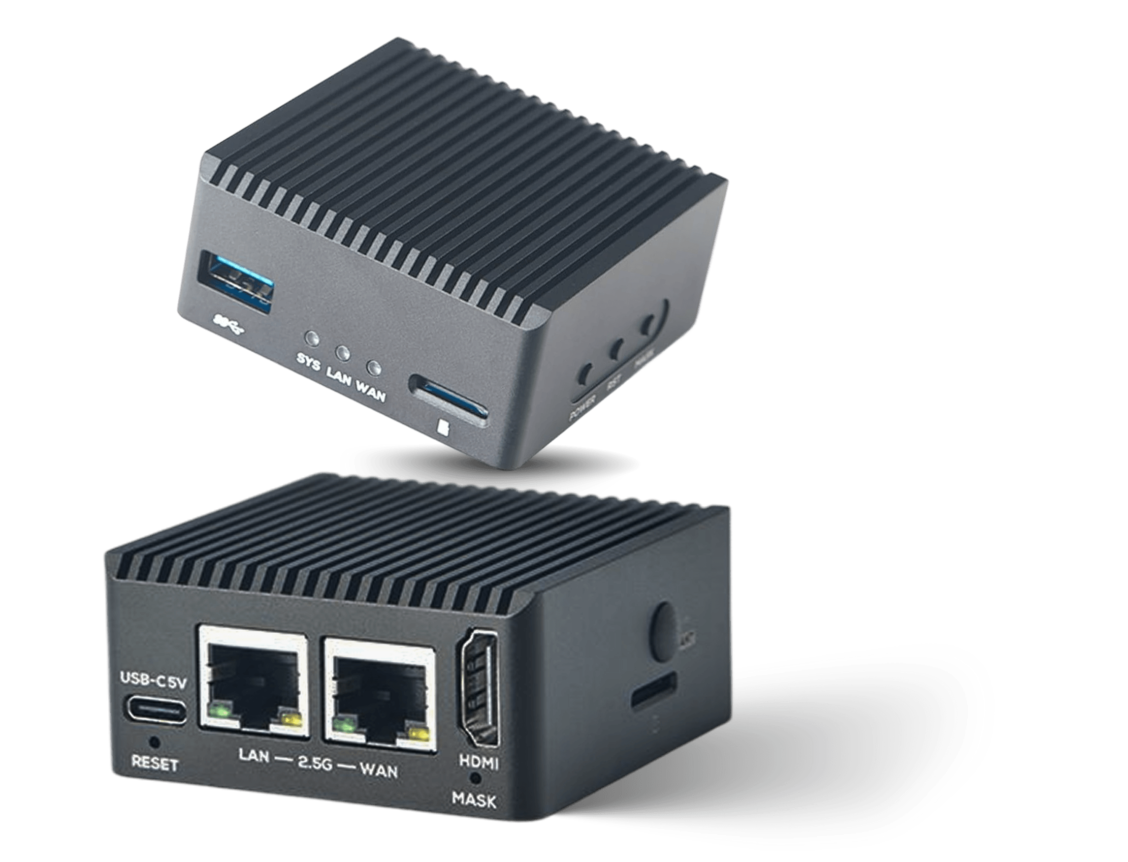 Caja IPTV / HDMI — vistas frontal y trasera con USB 3.0, LEDs de estado, micro-SD, doble LAN 2,5G, HDMI y alimentación USB-C